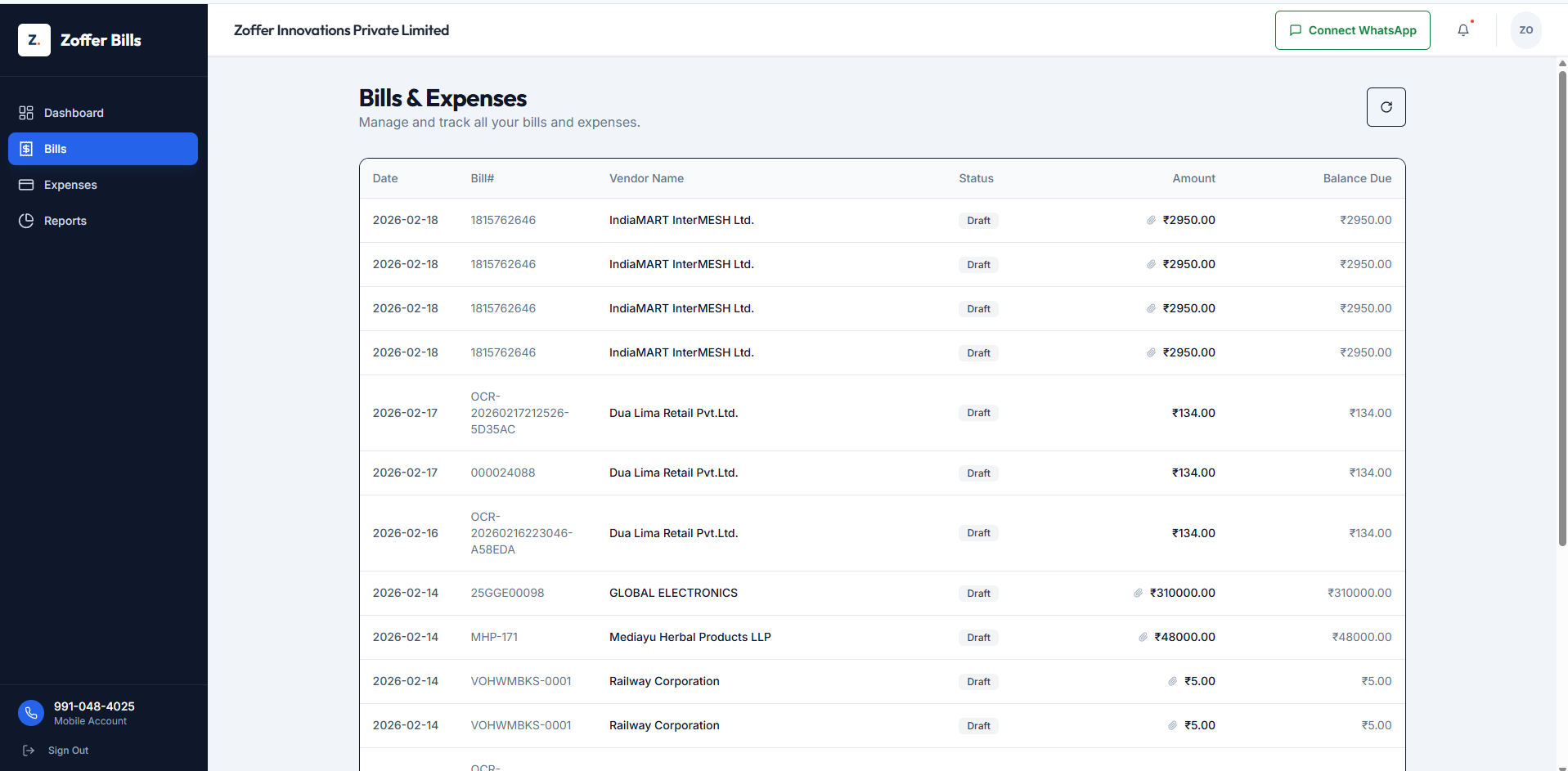 Zoffer Bills Dashboard Preview